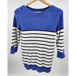 Karen Scott Blue White Black Striped Cable Knit Sweater Women's Large 100 Cotton